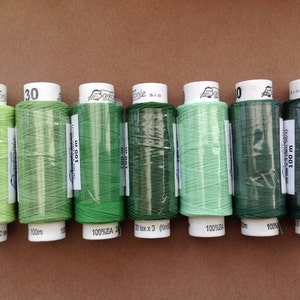 Seven spools of Czech cotton lacemaking thread shades of green image 1