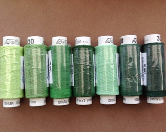 Seven spools of Czech cotton lacemaking thread - shades of green