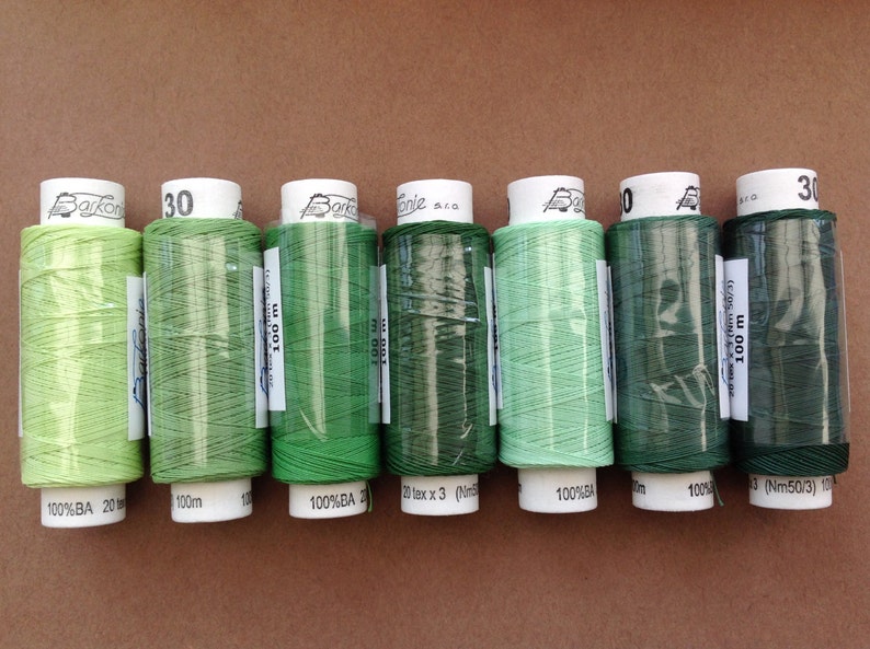 Seven spools of Czech cotton lacemaking thread shades of green image 1
