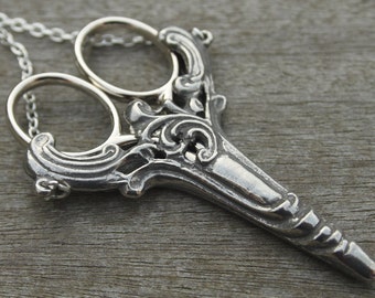 Scroll Chatelaine with an Antique Silver Finish & Etui Scissors - lacemaking and embroidery
