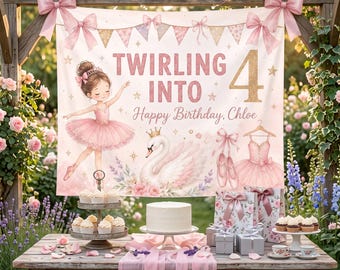 Benutzerdefinierte Ballerina-Geburtstagsbanner, wirbelnd in 4 Kulissen, rosa Schwan-4.Party-Dekoration für Mädchen