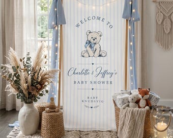 Gestreifter Teddybär-Babyparty-Willkommensschild, Benutzerdefinierte Baby-Dusche-Zeichen, Stoff-Baby-Dusche-Banner, Hallo Baby Zeichen, kleiner Bär Dekor