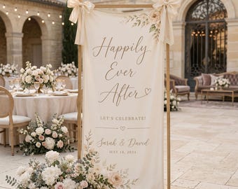 Happly Ever After Wedding Willkommensschild, personalisiertes Empfangsbanner, elegante Blumenhochzeitsfeierdekoration