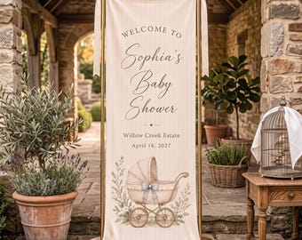 Vintage-Babywagen-Banner für die Babyparty, personalisiertes Willkommensschild aus Stoff, individueller Name und Datum, elegante Dekoration für die Babyparty