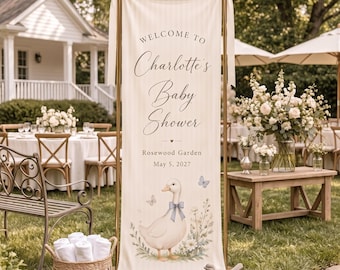 Willkommensschild „Kleine Gans“ für die Babyparty, personalisiertes Gänse-Babyparty-Banner, individueller Name und Datum, Vintage-Garten-Babyparty-Dekoration