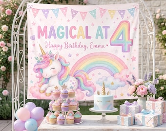 Magisch bei 4 Geburtstagsbanner, Personalisierte Einhorn-Geburtstagsbanner, Regenbogen-Party-Kulisse, Benutzerdefinierte Mädchen-Geburtstags-Dekoration