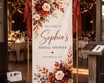 Willkommensschild für den Junggesellinnenabschied im Herbst, burgunderfarbenes Blumenbanner, Boho-Brautdeko im Herbstrost-Stil, individuelles Poster