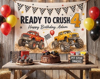 Benutzerdefinierte Monster Truck 4. Geburtstag Banner, bereit, 4 Backdrop, personalisierte Jungen Party Dekor, Checkered Flagge Zeichen zu zerdrücken