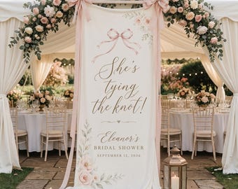 Sie bindet den Knoten Brautdusche Zeichen, personalisierte Braut zu sein Banner, elegante rosa Schleife Hochzeit Dusche Dekor