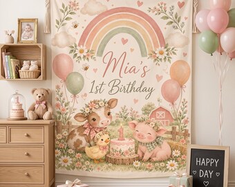 Personalisierte Banner zum 1. Geburtstag mit Bauernhoftieren, individuelle Scheunenparty-Deko, Willkommensschild zum Geburtstag mit Kühen, Schweinen, Enten und Hühnern, erster Geburtstag