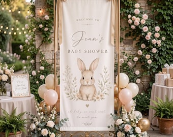 Personalisierte Babyparty-Girlande mit Hasenmotiv, individuelles Willkommensschild mit Hasenmotiv, neutrale beige Babyparty-Dekoration, Stoffhintergrund