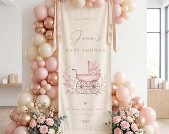 Personalisierte Babyparty Willkommensschild Banner, Stoff-Babyparty-Schild, rosa Kinderwagen-Babyparty-Dekor, benutzerdefinierten Eingang Banner