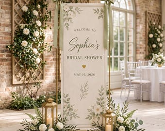 Grünes Willkommensbanner für den Junggesellinnenabschied, Schild mit botanischer Schleife für die Hochzeit, personalisierte Stoffkulisse, elegante Gartenparty-Dekoration