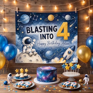 Peut inclure: Une toile de fond d'anniversaire sur le thème de l'espace avec un astronaute sur la lune, une fusée, des planètes et le texte "BLASTING INTO 4 Happy Birthday, Adam". Dessous, un gâteau galaxie, des cupcakes étoilés et des biscuits fusées.