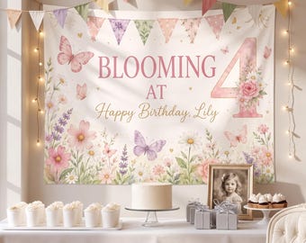 Blooming at 4 Birthday Banner, Personalized Floral Birthday Banner, Butterfly Garden Party Backdrop, Custom Girl Birthday Decor