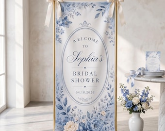 Willkommensschild für den Junggesellinnenabschied in zartem Hellblau mit Blumenmuster, individuell gestaltetes Stoffbanner, elegante Aquarell-Hochzeitsdekoration