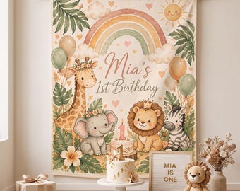 Personalisierte Safari-Geburtstagsgirlande zum 1. Geburtstag, Dschungeltier-Deko mit individuellem Namen, Elefant, Löwe, Giraffe, Zebra, Wild One Party, Willkommensschild zum Geburtstag