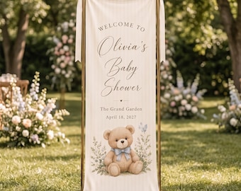 Teddybär-Babypartybanner, personalisiertes Willkommensschild aus Stoff, individueller Name und Datum, neutrale Babyparty-Dekoration mit Bärenmotiv