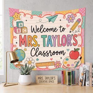 Personalized Classroom Welcome Banner, Retro Patchwork Back to School Decor, Custom Teacher Name Wall Hanging, School Tapestry