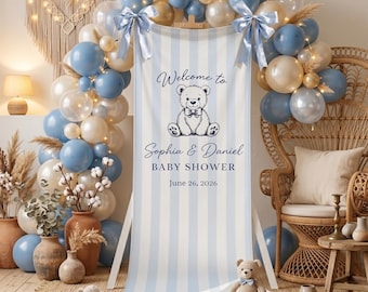 Individuell gestaltetes gestreiftes Bärenbanner für die Babyparty, personalisiertes Willkommensschild aus Baumwollstoff, Teddybär-Dekoration aus Stoff