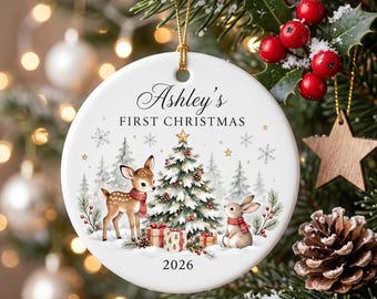 Personalisierter Weihnachtsschmuck für das erste Weihnachtsfest, Waldtier-Hirsch-Hasen-Weihnachtserinnerung, Keramik-Weihnachtsschmuck für Babys erstes Weihnachtsfest 2026