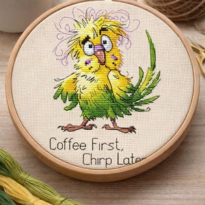 Funny Parrot Cross Stitch Pattern PDF, Cute Bird Embroidery Chart, Morning Coffee Decor, Budgie Needlepoint (PDF + saga Instant Download)
