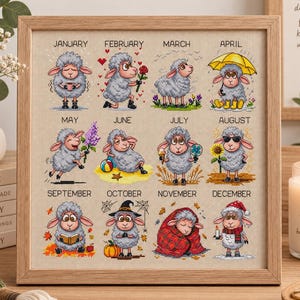 May include: A framed cross-stitch calendar featuring twelve illustrations of a grey sheep, each representing a month of the year with seasonal themes including a rose, umbrella, beach ball, sunflower, pumpkin, and holiday attire on a beige fabric.
