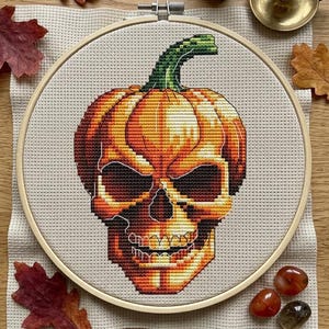 PDF de punto de cruz de cosecha espeluznante, patrón de calavera de calabaza, bordado gótico de Halloween, punto de cruz de calabaza de Halloween, decoración otoñal de terror