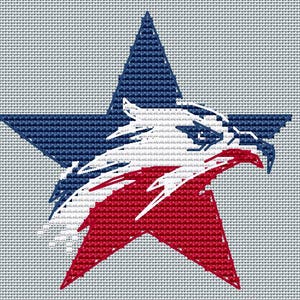 Puede incluir: Dise&ntilde;o patri&oacute;tico con una estrella azul y una silueta de cabeza de &aacute;guila roja y blanca. La imagen tiene una textura de punto de cruz, con un fondo gris claro. La cabeza del &aacute;guila es blanca con detalles azules, y la estrella est&aacute; rellena de rojo y azul.