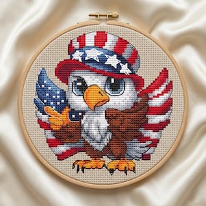 Uncle Sam's Little Eagle Cross Stitch Pattern PDF, Patriotic American Bird Chart , 4th of July USA Embroidery, America 250 years Xstitch