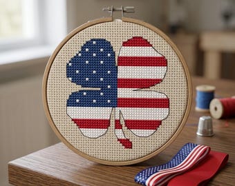 Patrón de punto de cruz de trébol con la bandera de EE. UU. en PDF, gráfico de trébol americano, bordado patriótico de buena suerte, pequeño adorno de punto de cruz para el 4 de julio