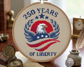 Patrón de punto de cruz "250 años de la Libertad", bordado de águila americana, decoración patriótica de EE. UU., descarga instantánea (PDF + saga)