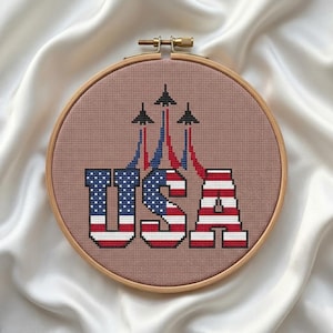 USA Jet Cross Stitch PDF, 4th of July Flag Pattern, Independence Day Military Jets Embroidery, Patriotic Red White Blue Small Xstitch Chart