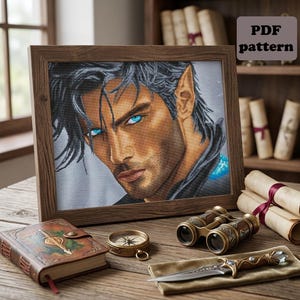 Realistic Elf Prince Portrait Cross Stitch Pattern PDF, Fantasy Male Embroidery Design, Blue Eyes Elf Prince Xstitch (Instant Download)