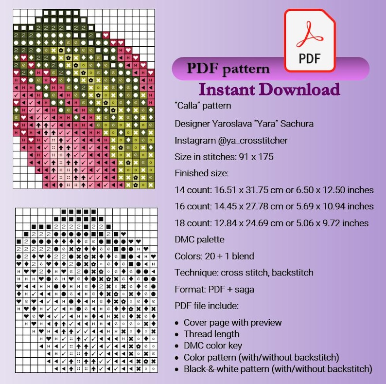 Calla Cross Stitch PDF, Elegant Botanical Pink Flower Pattern, Exotic ...