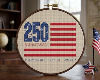 Patrón de punto de cruz del 250 aniversario de EE. UU., diseño de la bandera estadounidense para el Día de la Independencia, bordado patriótico (descarga instantánea en PDF)