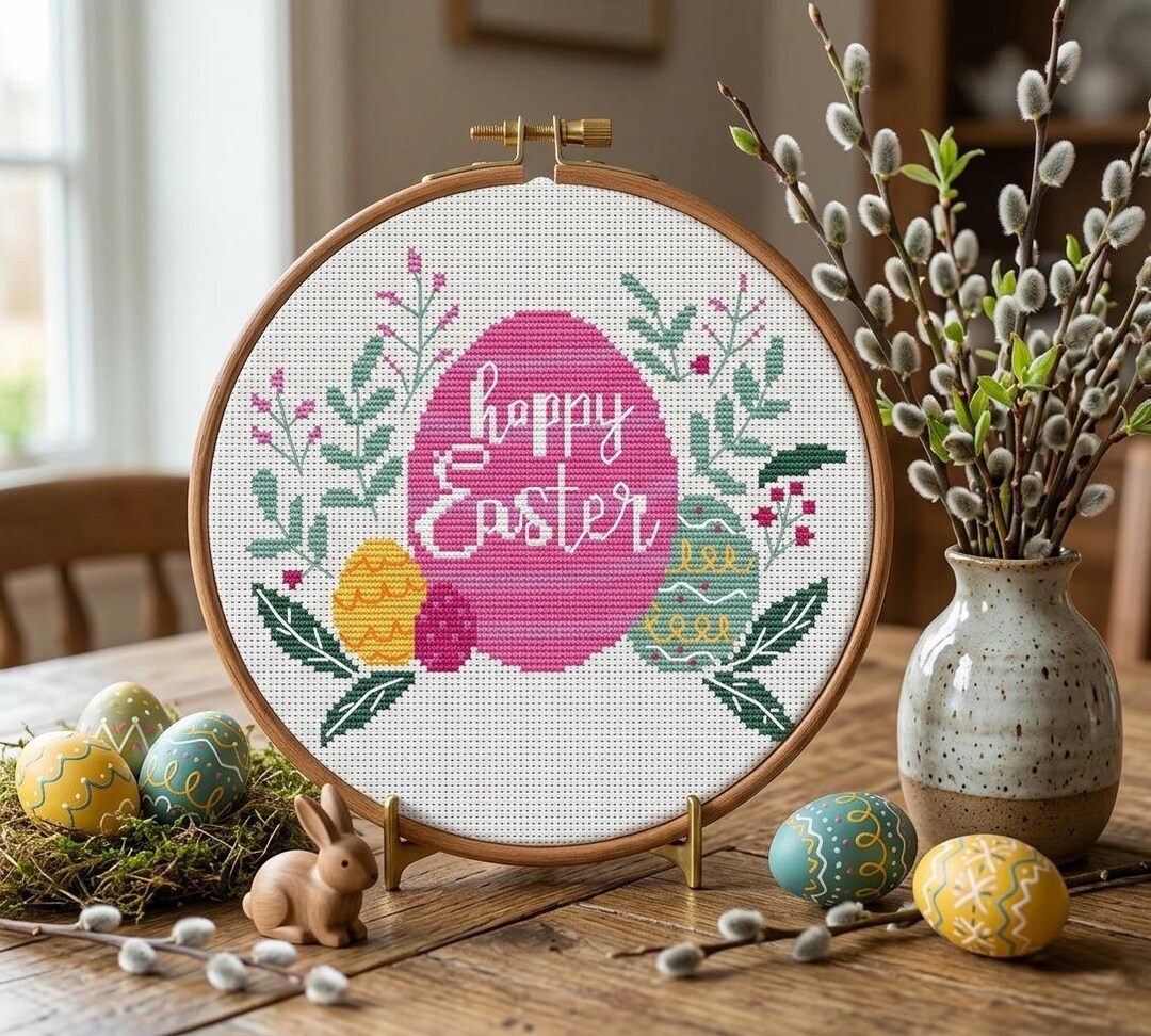 Happy Easter Cross Stitch Pattern PDF, Modern Floral Egg Embroidery ...