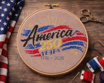 Patrón de punto de cruz conmemorativo del 250.º aniversario de Estados Unidos (PDF), bordado del 250.º aniversario de EE. UU., punto de cruz patriótico del 4 de julio, diseño de la bandera de Estados Unidos