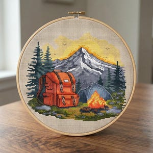 Adventure Awaits Cross Stitch Pattern PDF, Mountain Camping Embroidery Chart, Hiking Backpack Landscape Xstitch, Nature Lover Gift