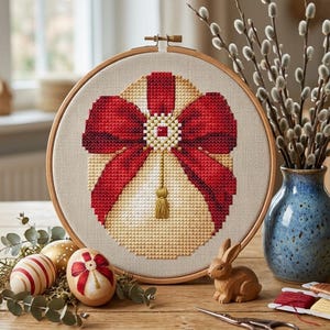 Patrón de punto de cruz "Amor de Huevo de Pascua", serie roja 3/3, bordado de Pascua, estilo joya Fabergé (PDF + archivo Saga)