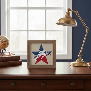 Puede incluir: Un bordado enmarcado con un dise&ntilde;o patri&oacute;tico. Una estrella azul enmarca una cabeza de &aacute;guila roja y blanca. La obra de arte se exhibe en un escritorio de madera, junto a una l&aacute;mpara de escritorio de lat&oacute;n y un globo terr&aacute;queo.