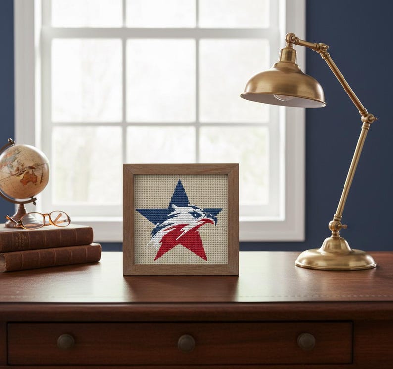 Puede incluir: Un bordado enmarcado con un dise&ntilde;o patri&oacute;tico. Una estrella azul enmarca una cabeza de &aacute;guila roja y blanca. La obra de arte se exhibe en un escritorio de madera, junto a una l&aacute;mpara de escritorio de lat&oacute;n y un globo terr&aacute;queo.
