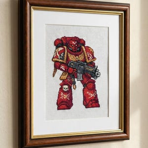 Pixel Art "Crimson Armored Sci-Fi Warrior with Bolter"