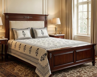 Couvre-lit Khadi à imprimé blocs de main Jaipur | Couvre-lit king size en coton bio anthracite, oreillers assortis