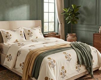 Juego de sábanas de algodón con estampado a mano, estampado floral bohemio en amarillo mostaza, tamaño king.