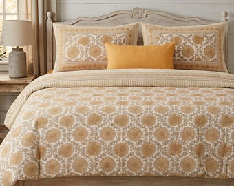 Jaipur Handblock Print King Bedsheet, Indian Cotton Bedspread with Pillow Covers, Boho Bedding