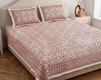 Jaipur Handblock Print Cotton Bedsheet Set, Red Geometric Boho King Bedspread