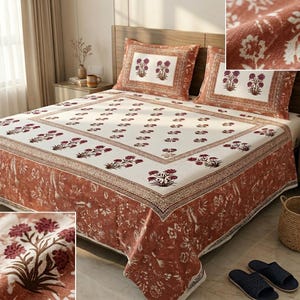 Jaipur Hand Block Print Khadi Tagesdecke | Roter Bio-Baumwoll Bettbezug mit Kissen