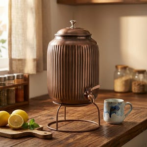 Pure Copper Water Dispenser 8L with Tap, Ribbed Dark Gloss | Ayurvedic Countertop Beverage Server