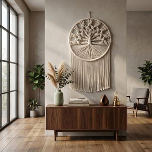 Macramé wanddecoratie Levensboom, groot beige boho-kunstwerk van textielvezels, minimalistische landelijke decoratie